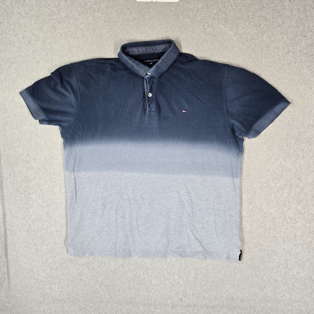 Tommy Hilfiger Men Polo XL Ombre Blue Embroidered Colorblock Logo Slim
